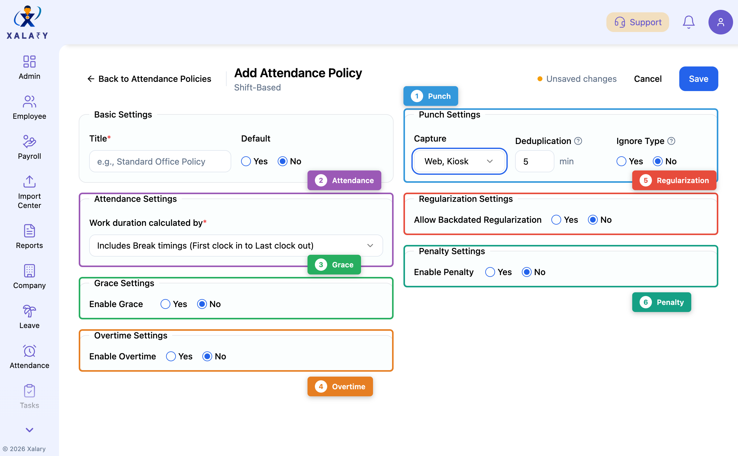 Attendance policy configuration form with feature annotations