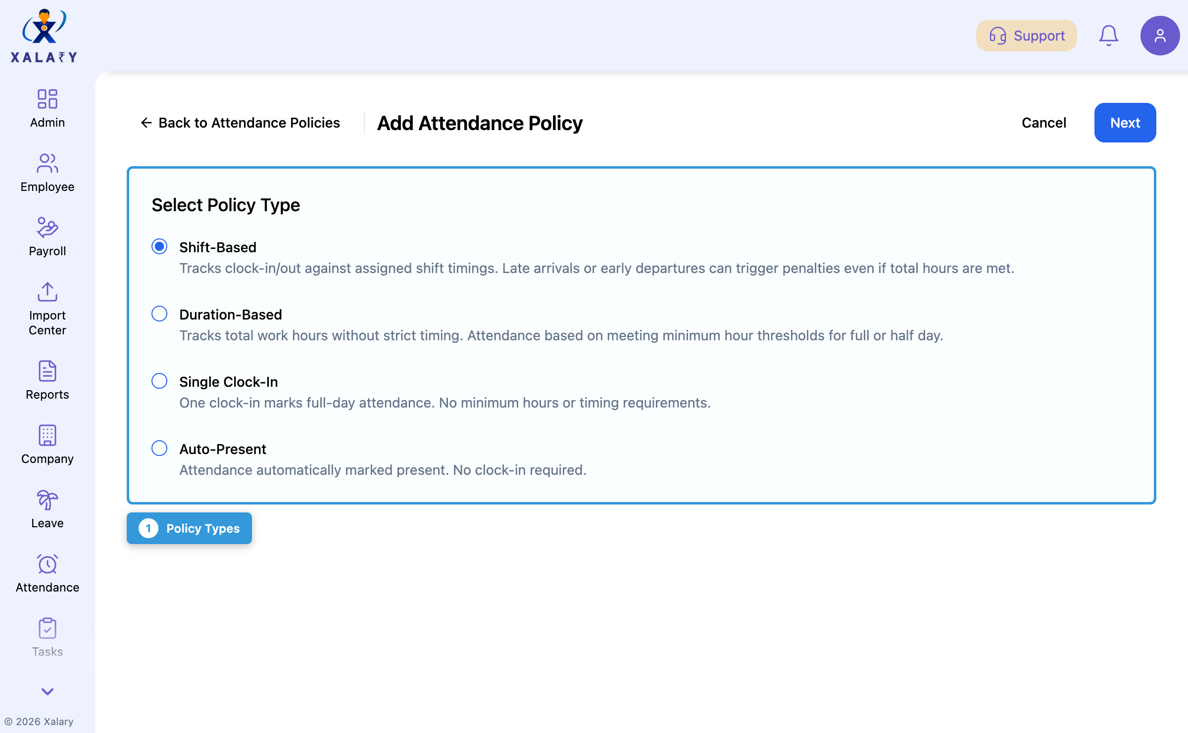 Attendance policy type selection with feature annotations
