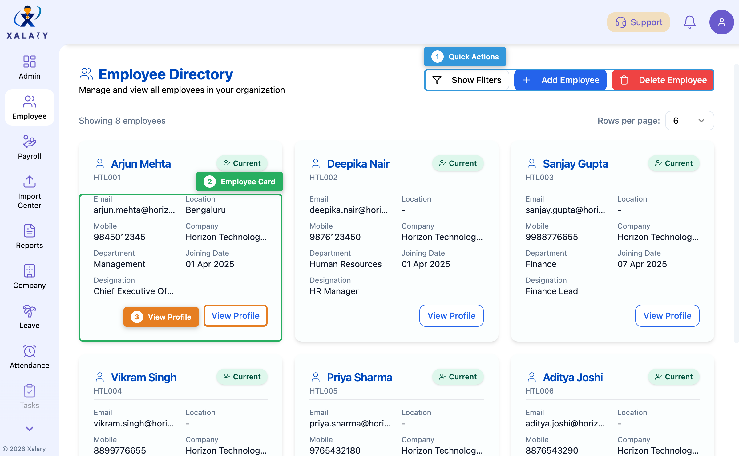 Employee directory with card view and quick actions