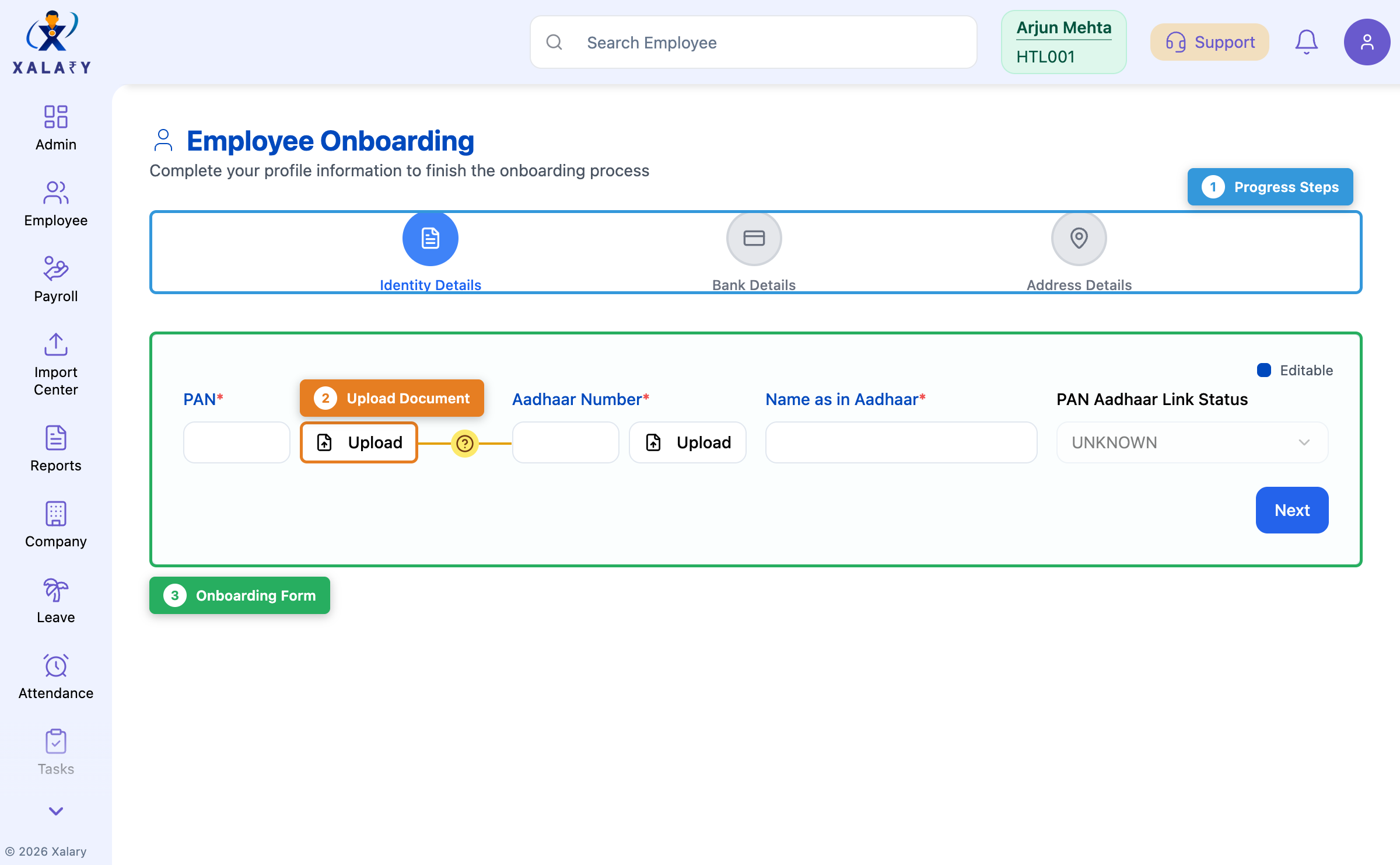 Employee onboarding wizard with feature annotations