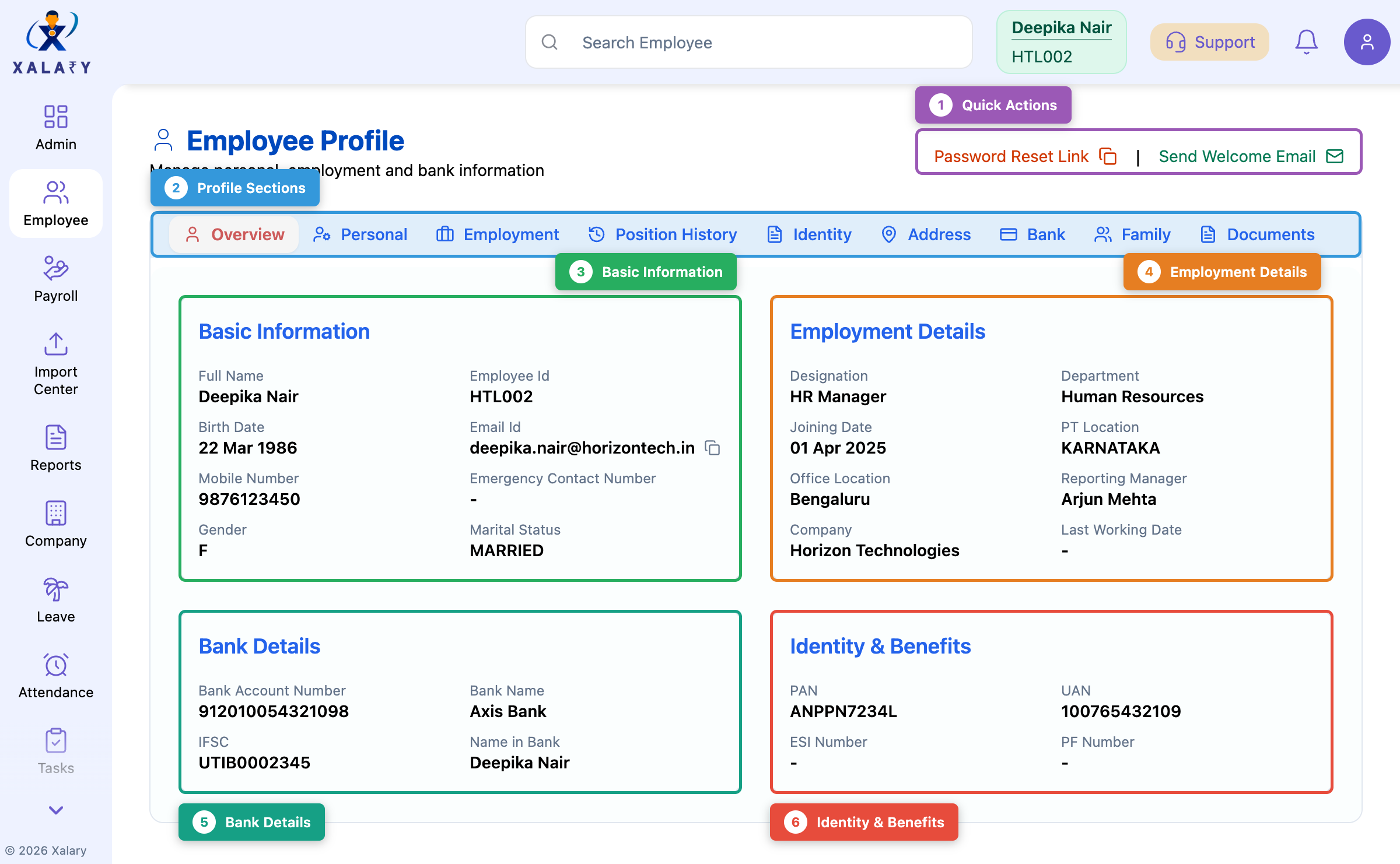 Employee profile with comprehensive information sections