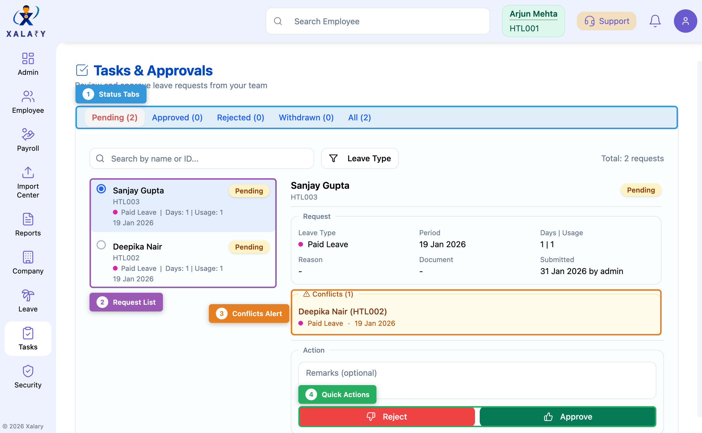 Tasks and approvals interface with feature annotations