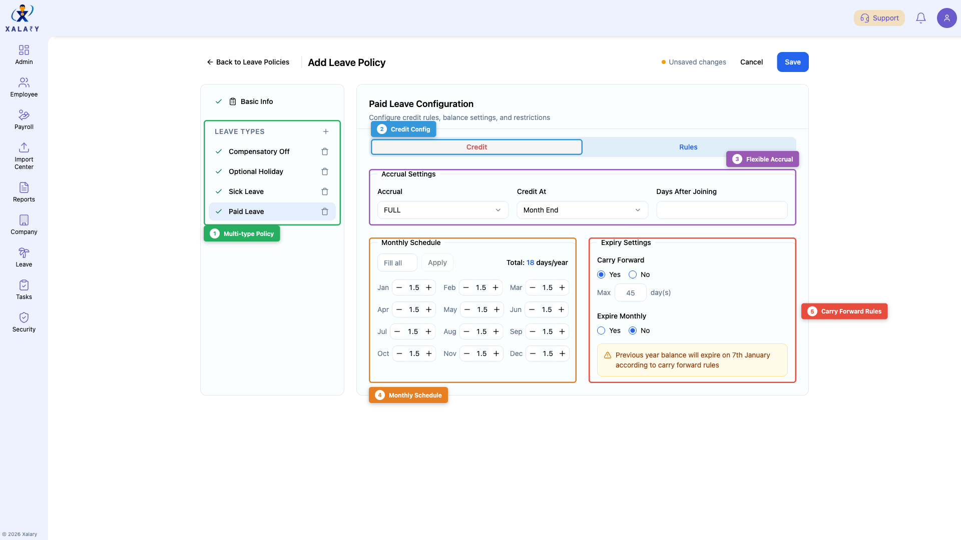 Leave policy credit configuration with feature annotations