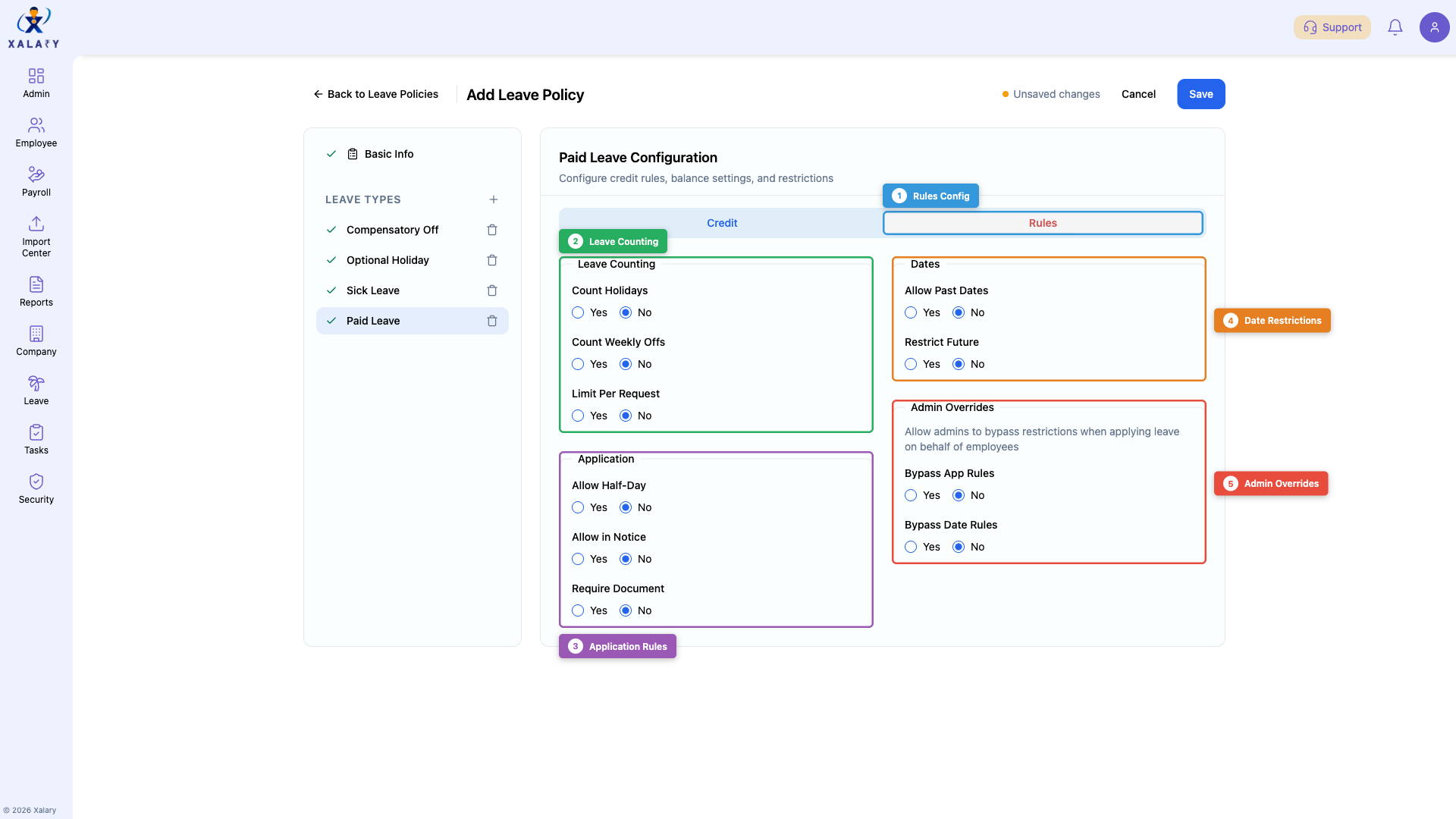 Leave policy rules configuration with feature annotations