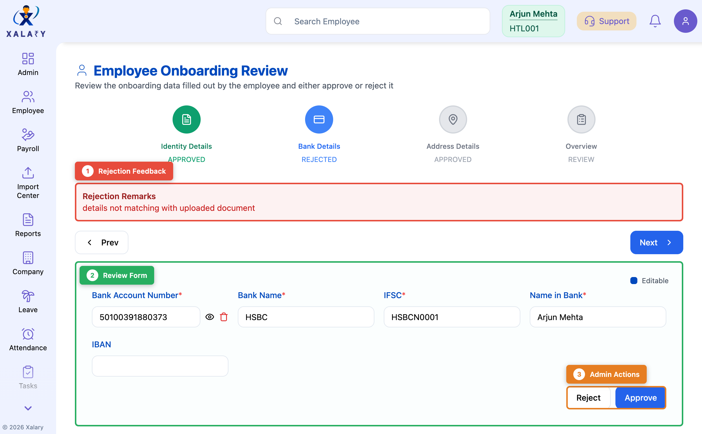 Admin review interface for employee onboarding