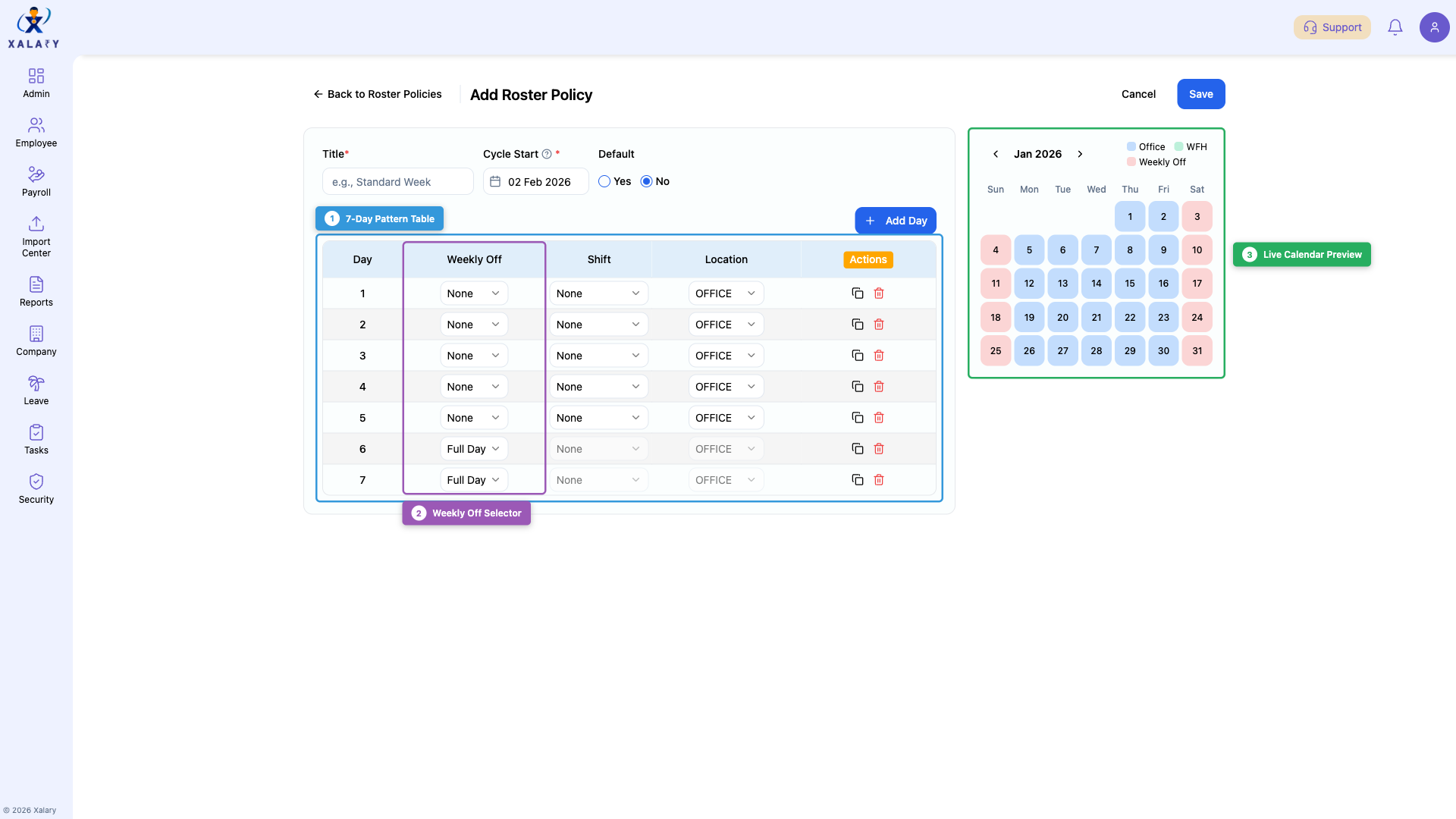 Roster policy configuration with feature annotations